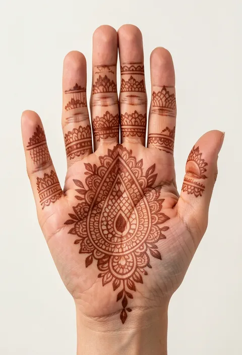Paisley front hand mehndi with lace petals, leafy details, and decorated finger bands