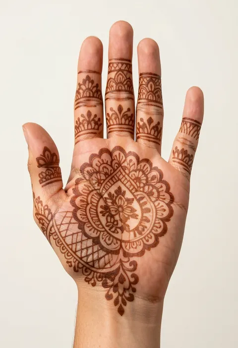 Bridal front hand mehndi with a scalloped paisley mandala, lattice, and floral finger bands