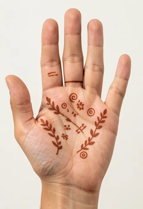 Simple kids front hand mehndi with leafy sprigs, tiny checks, circles, and playful spirals