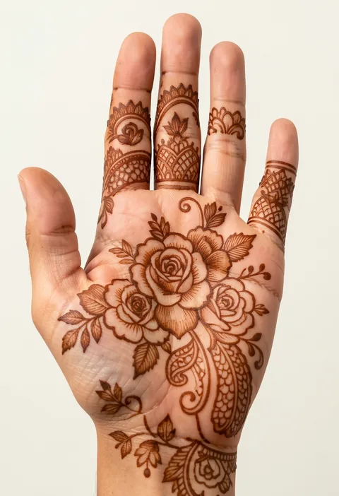Rose bridal front hand mehndi with shaded blossoms, leafy trails, paisleys, and finger lace