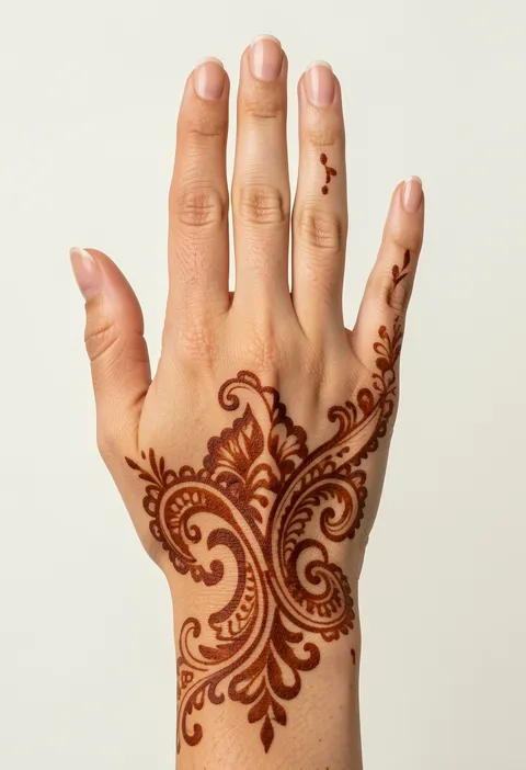 Arabic back hand mehndi with sweeping paisleys, scalloped edges, leafy curls, and open space