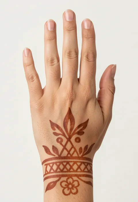 Minimal back hand mehndi with an open leaf motif, lattice wrist band, and small flower