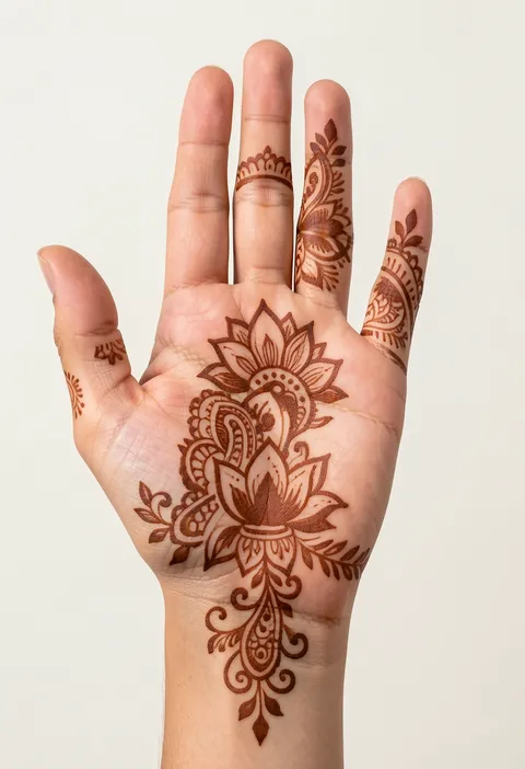 Bridal front hand mehndi with layered lotus flowers, paisleys, leafy curls, and finger bands