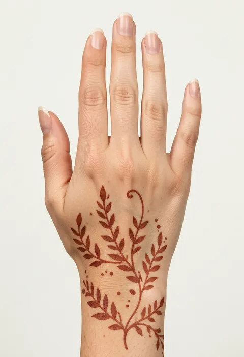 Minimal back hand mehndi with airy leafy branches, fine curling vines, and tiny dotted accents