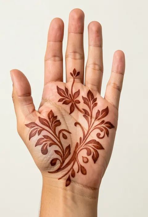 Arabic front hand mehndi with bold leafy branches, sweeping curves, and open palm spacing