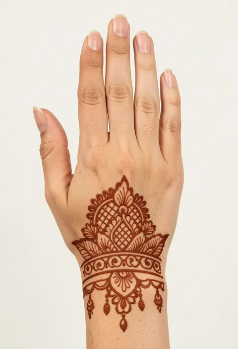 Bridal back hand mehndi with a lattice floral crest, scalloped wrist cuff, and hanging henna charms
