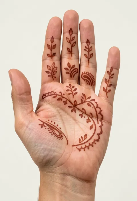 Minimal front hand mehndi with leafy finger sprigs, a scalloped palm curve, and a small paisley accent