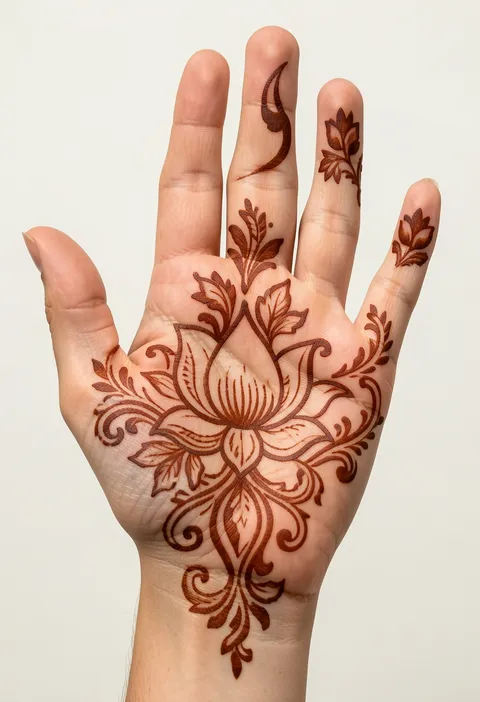 Arabic front hand mehndi featuring a bold lotus on the palm, sweeping scrolls, and sparse finger leaves