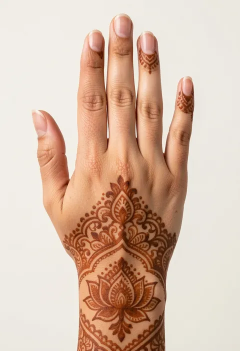 Bridal back hand mehndi with layered lotus motifs, ornate wrist framing, and delicate fingertip bands