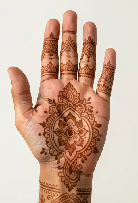 Palm-facing bridal mehndi with a floral mandala, ornate finger bands, and a patterned wrist cuff.