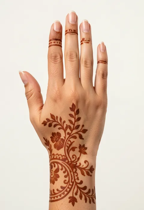 Back hand mehndi with a leafy floral trail, fine finger bands, and a curved ornamental wrist border.
