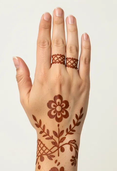 Simple kids back hand mehndi with a rounded flower, leafy stems, and lattice bands on two fingers.