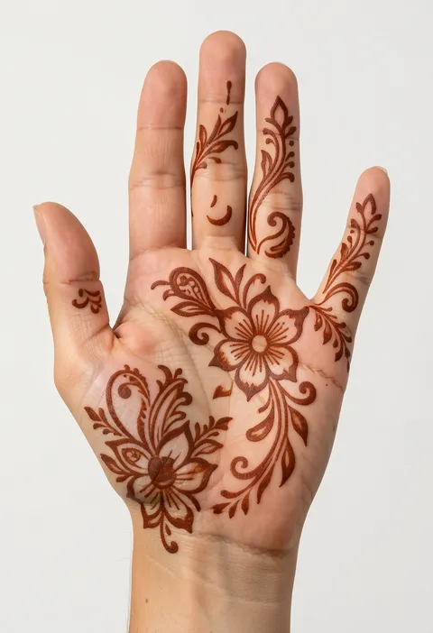 Arabic front hand mehndi with flowing floral motifs, curling leaves, and lightly decorated fingers.