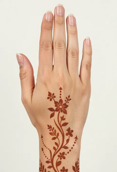 Minimal back hand mehndi with a slim floral vine, small blossoms, and sparse dotted accents.