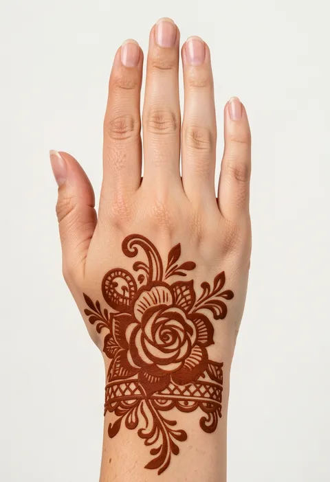 Arabic back hand mehndi with a bold rose, paisley curls, leafy sprigs, and a lattice wrist band.