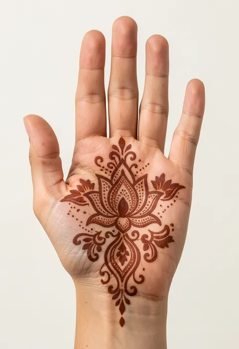 Arabic front hand mehndi with a central lotus, mirrored paisley flourishes, dots, and open fingertips.