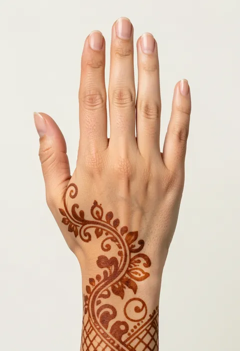 Girls back hand mehndi with an airy floral vine, curled leaves, wrist lattice, and clear fingertips.