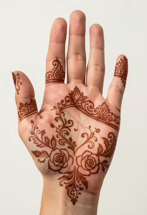 Bridal front hand mehndi with paired roses, scrolling vines, paisley finger accents, and a lotus crest.