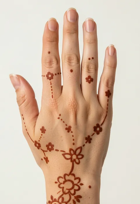 Kids back hand mehndi with small flowers, dotted trails, a wrist bloom, and plenty of open space.