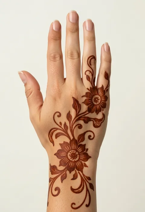 Arabic back hand mehndi with a bold diagonal floral vine, curling leaves and a bloom rising to the ring finger