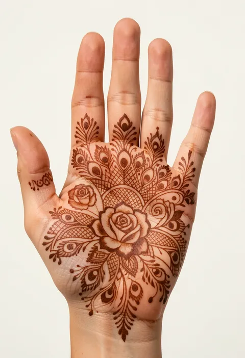 Bridal front hand mehndi with a central shaded rose, peacock feather fans and fine mesh filling the palm