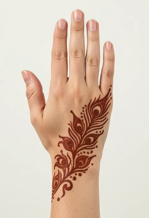 Arabic back hand mehndi with a bold diagonal peacock feather trail and dotted accents from wrist to fingers
