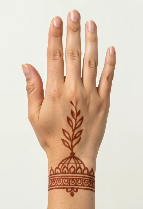 Minimal back hand mehndi with an ornate dome wrist cuff and one slender leafy vine rising up the hand