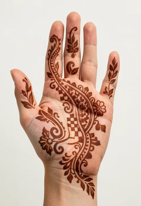 Arabic front hand mehndi with a diagonal paisley trail, spiral florals, checkered filler and leafy fingers
