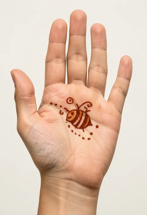 Kids front hand mehndi with one cute smiling bumblebee in the palm, dotted flight trail and small swirls