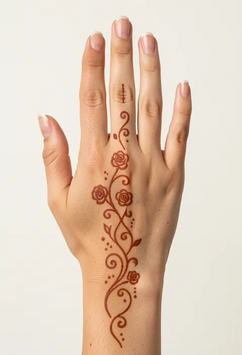 Minimal back hand mehndi with a slender rose vine, curling tendrils and dots running up to the middle finger