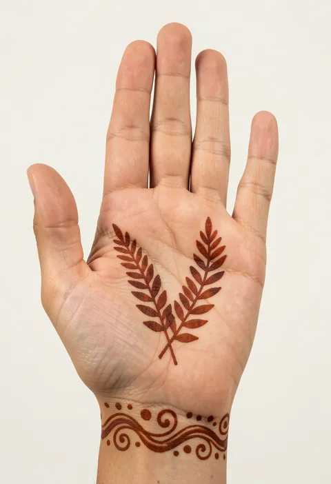 Front hand mehndi for girls with two leafy fern sprigs on the palm and a wavy swirl and dot wrist band