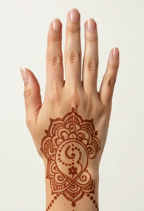 Back hand mehndi for girls with a layered swirl mandala, dotted paisley centre and a small flower motif
