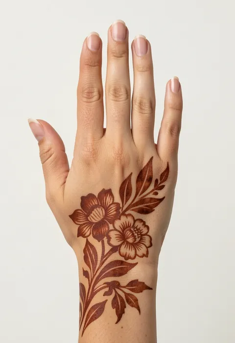 Arabic back hand mehndi with two bold shaded flowers and veined leaves trailing from wrist to knuckles