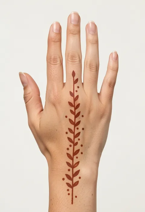 Minimal back hand mehndi with one slim leafy vine and scattered dots running from wrist up the middle finger