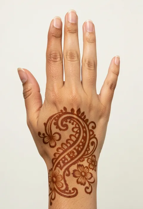 Back hand mehndi for girls with a large curling paisley, swirl strokes and small five-petal flowers at the wrist