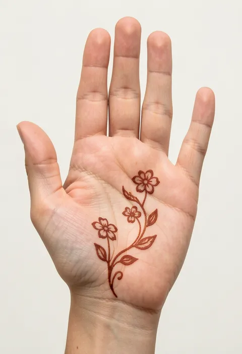 Minimal front hand mehndi with a slender curling vine, three small outlined flowers and leaves on the palm