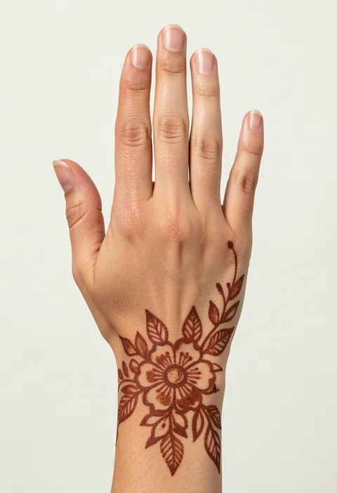 Back hand mehndi for girls with a large shaded flower and veined leaves clustered at the wrist