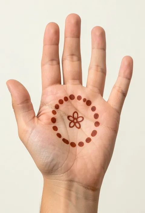 Kids front hand mehndi with a simple ring of bold round dots around a small five petal flower on the palm