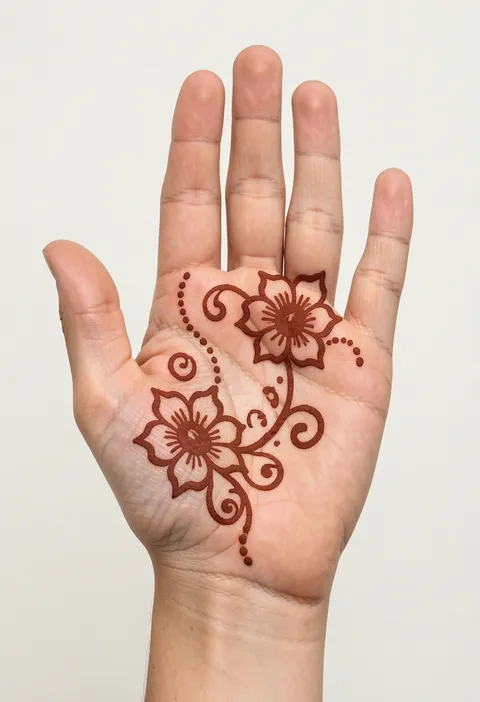 Arabic front hand mehndi with two open flowers, curling swirls and dotted trails flowing diagonally across the palm