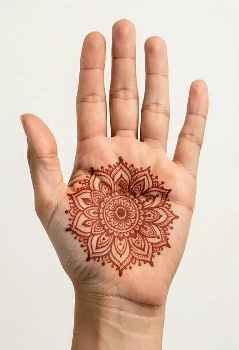 Front hand mehndi for girls with a round palm mandala of layered lotus petals, paisleys and dotted edges