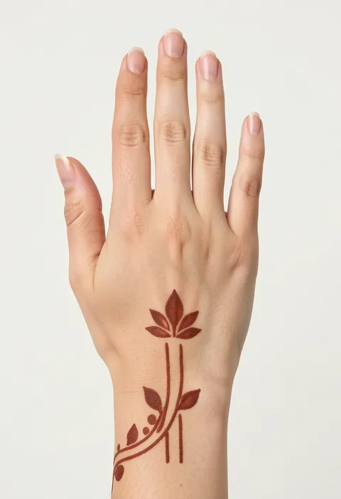 Minimal back hand mehndi with a small leaf crown motif, two thin lines and a dotted leafy vine at the wrist