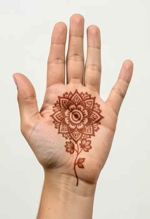 Front hand mehndi for girls with a layered petal mandala in the palm and a small flower stem to the wrist