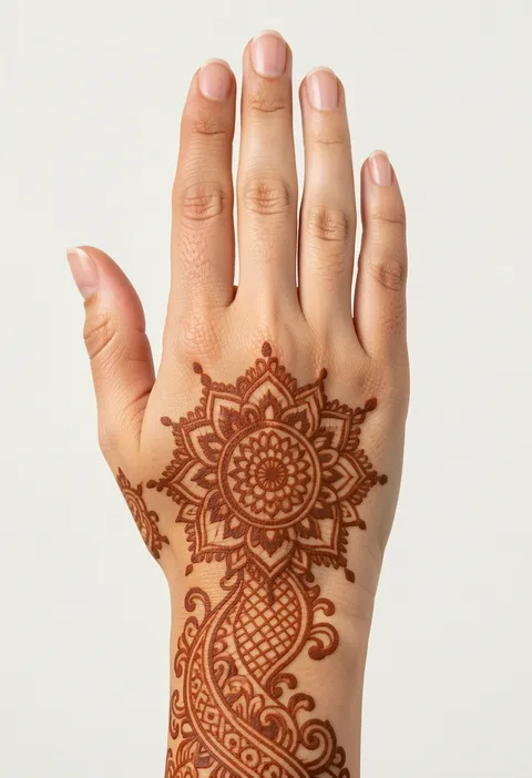 Bridal back hand mehndi with a detailed petal mandala, fine mesh and paisley swirls flowing down to the wrist