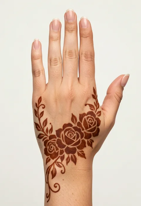 Back hand mehndi for girls with a cluster of bold shaded roses and a curling leafy vine along the hand back