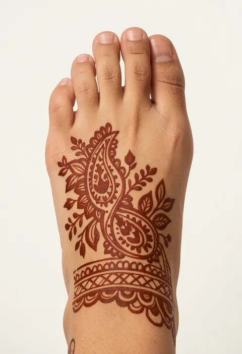 Arabic paisley mehndi design on a foot with leafy vines and a geometric ankle cuff