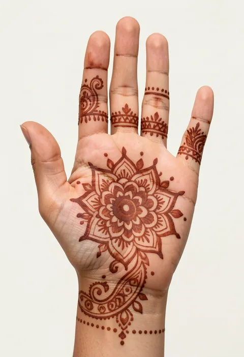 Floral mandala and paisley mehndi design across an open palm with delicate fingertip bands