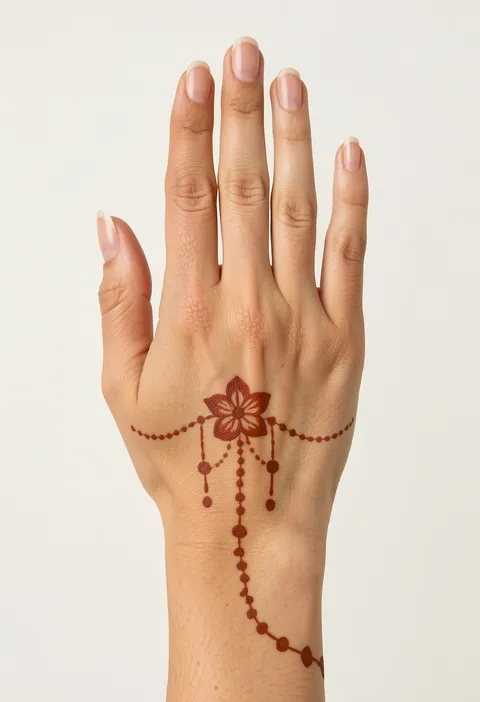 Minimal flower mehndi on the back of a hand with fine dotted chains flowing toward the wrist