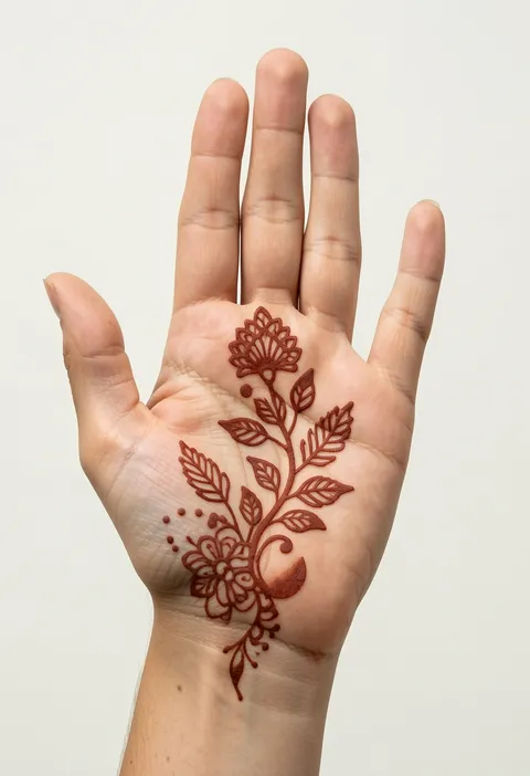 Floral leafy vine mehndi flowing diagonally across an open palm with dots and fingertip accents