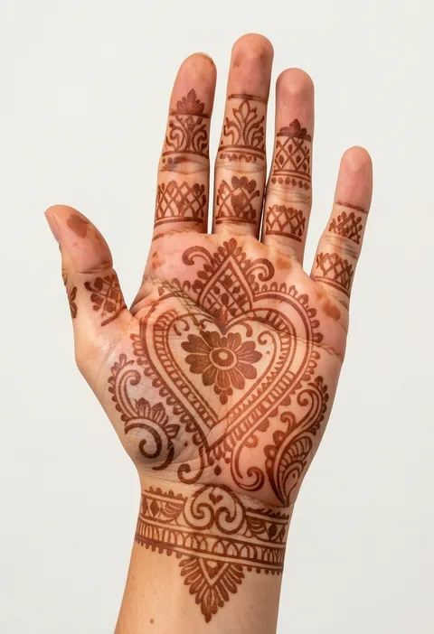 Bridal palm mehndi featuring a heart-shaped floral motif, paisley scrolls, lattice fingers, and cuff bands