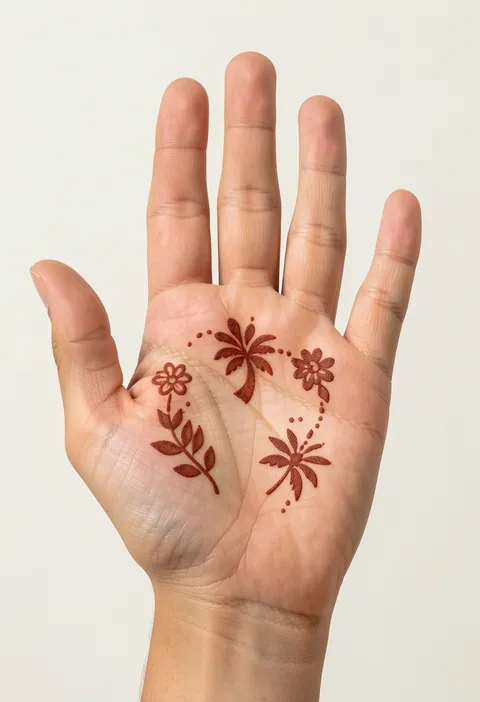 Simple kids palm mehndi with small flowers, leafy sprigs, dots, and plenty of open skin